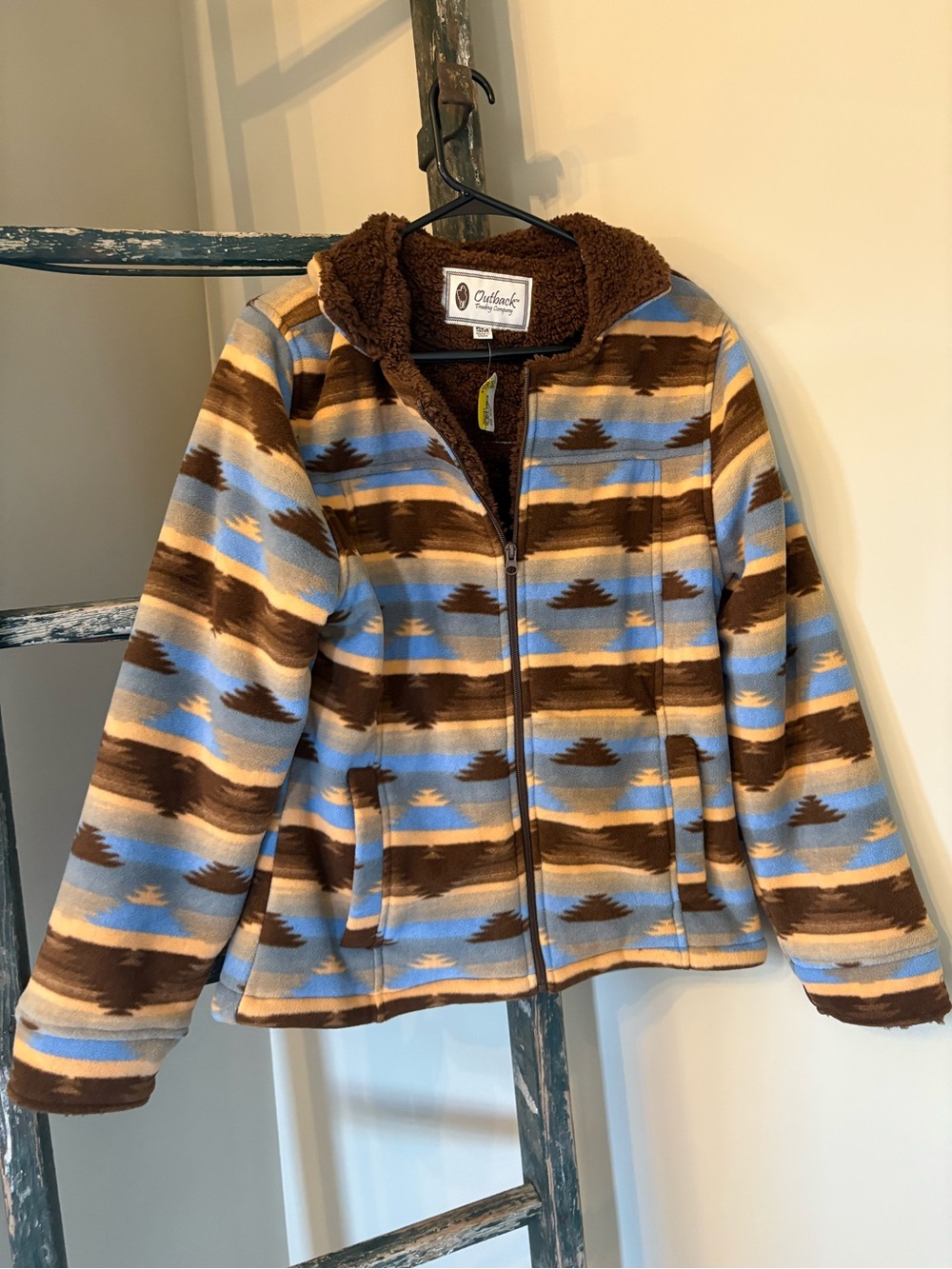 Outback Trading Company Women's Brown & Blue Patterned Fleece Jacket
